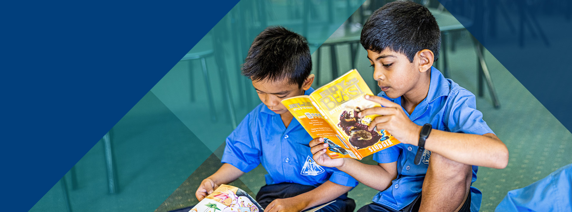 Students reading together in the library at Our Lady of Lourdes Primary School Baulkham Hills South