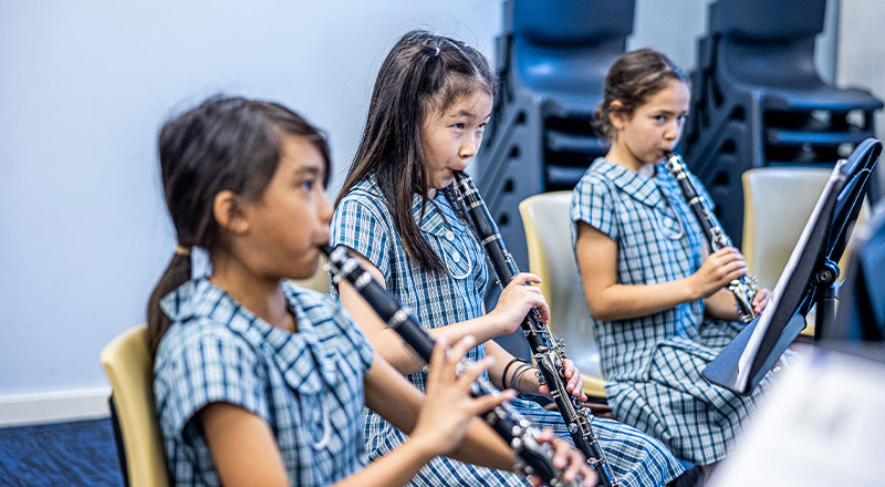 Students practising music in the music room at Our Lady of Lourdes Primary School Baulkham Hills South