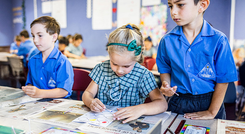 Students painting colours in the classroom at Our Lady of Lourdes Primary School Baulkham Hills South
