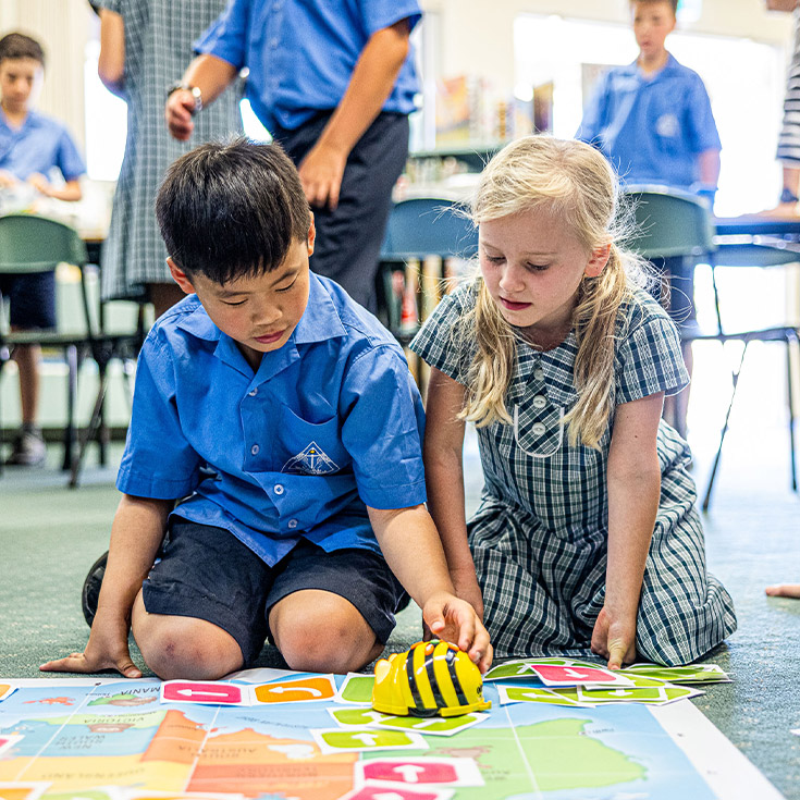 Students programming bee bots in the classroom at Our Lady of Lourdes Primary School Baulkham Hills South